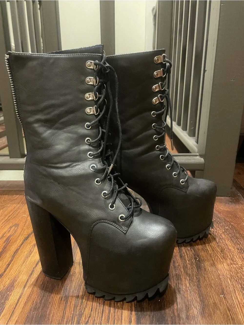Black Platform Lace-Up Heeled Boots - Women's Fashion Boot